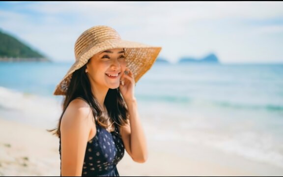 Portrait beautiful asian woman wear hat with smile happy leisure on the beach and sea ocean in holiday vacation