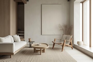 Minimalist modern living room interior with scandinavian design elements Showcasing a blend of simplicity and elegance for a cozy and stylish home - obrazy, fototapety, plakaty