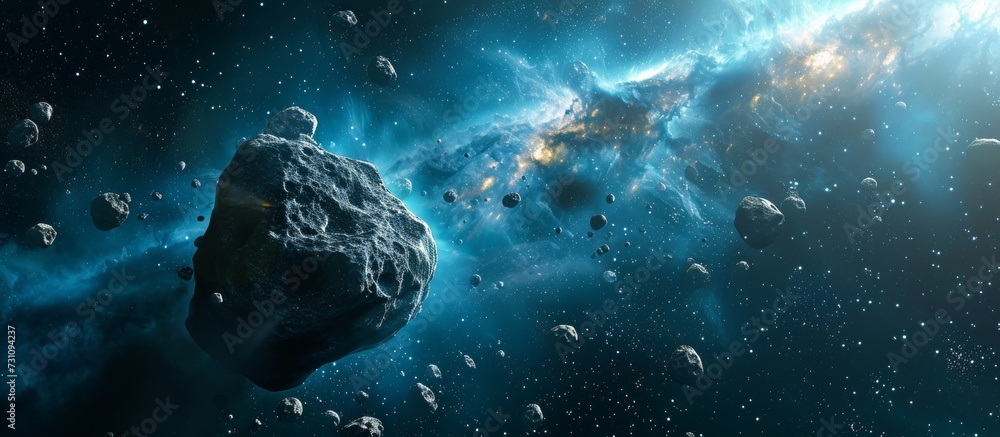 Poster concept in science fiction: meteorites on remote planets and asteroids in far-off solar systems in d