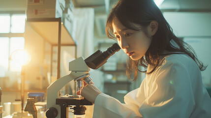 白衣を着て顕微鏡を除く研究員の女性 - obrazy, fototapety, plakaty
