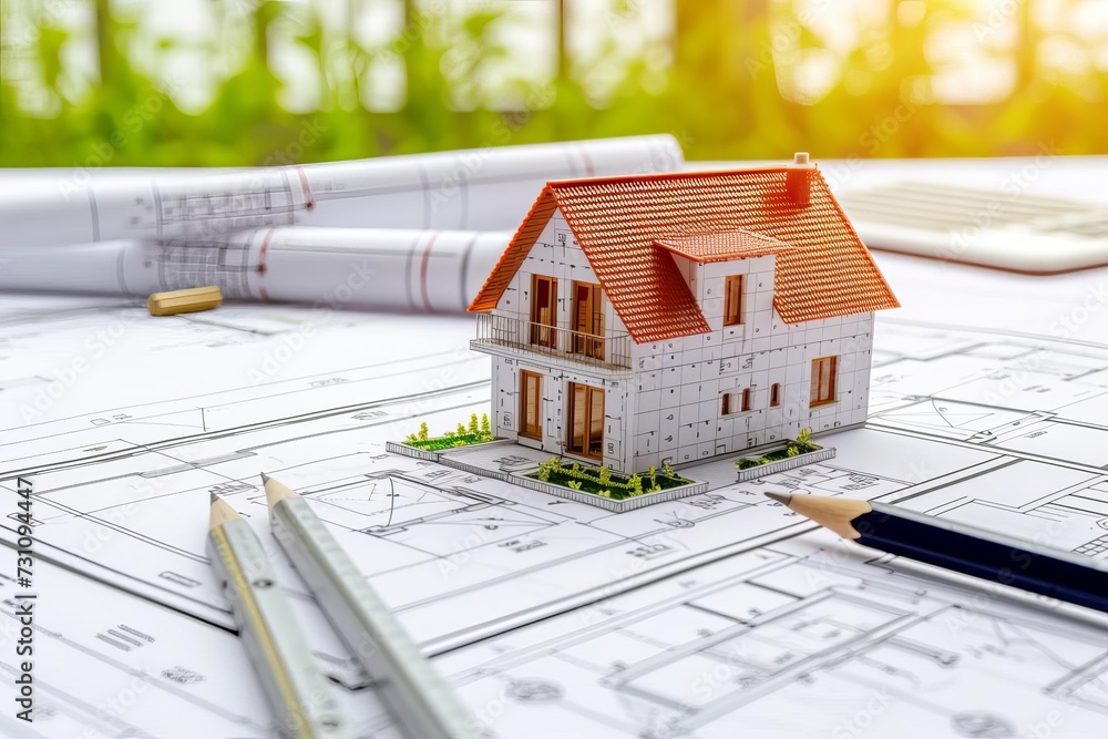Poster building house concept with blueprints concept of construction planning and architectural developmen