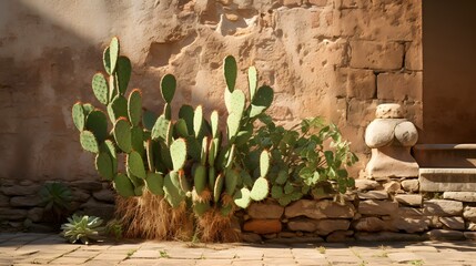 Big green cactus Euphorbia in front of brown masonry wall of stones in sunshine
