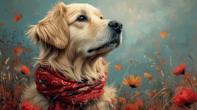 a painting of a golden retriever in a field of wildflowers with a red bandanna around its neck.