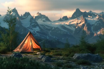Camping scene in the mountains with a tent pitched in the foreground Adventure and travel theme - obrazy, fototapety, plakaty