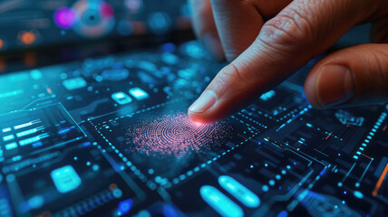 Fingerprint scanner for data network access control. Biometric identification technological system. Male hand putting his fingerprint into an electronic system. Generative Ai