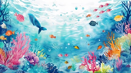 Fototapeta na wymiar watercolor clip art,marine life and coral reefs