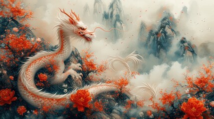 a painting of a white dragon with red flowers in the foreground and a mountain in the background with red flowers in the foreground.
