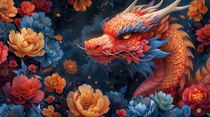 Fototapeta na wymiar a painting of a red dragon surrounded by blue, orange, and yellow flowers with a dark sky in the background.