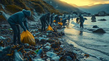 Coastal cleanup team picking up all the garbage from the coast, United for a cleaner planet. - obrazy, fototapety, plakaty