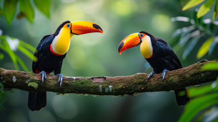 Two toucan tropical birds sitting on a tree branch.