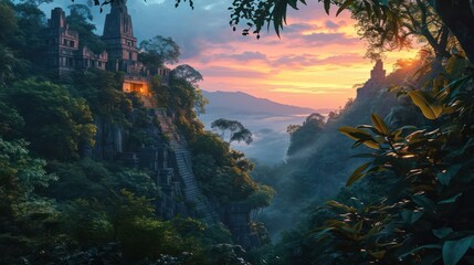Obraz na płótnie Canvas mystical realm of an Ancient Mayan jungle landscape at sunset, with towering temples and lush foliage illuminated by the fading sun
