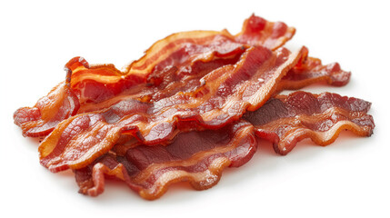 Delicious slices of crispy bacon on a white background.