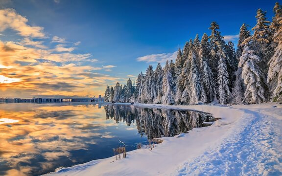 Rows of pines in snow on the lake edge. Serene winter landscape