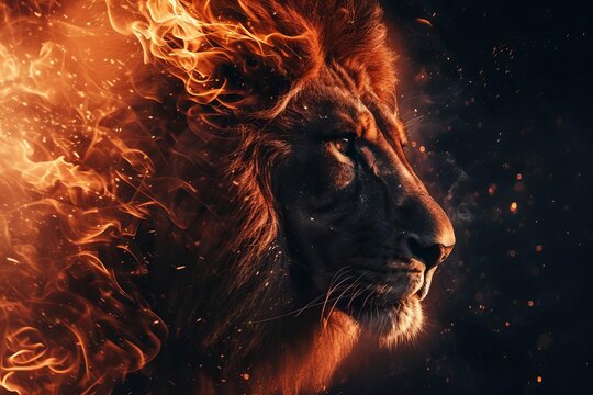 Portrait of a majestic fire lion Concept of mythical creatures and powerful symbolism