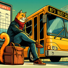 An anthropomorphic cat waiting at the bus station