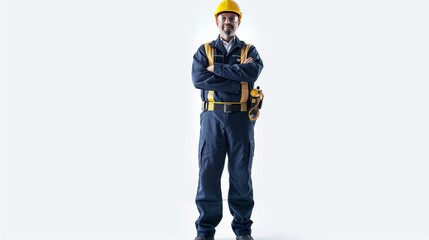 A Potrait of Happy Professional Confidential Engineer with Safety Equipment Isolated on a White Background.