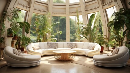interior scene with two white curved sofas in a living room adorned with a large plant near a central window.