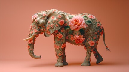 an elephant with flowers on it's body and tusks on it's back, standing in front of a pink background.