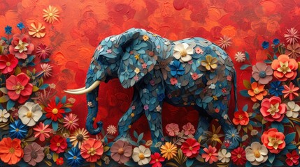 a painting of an elephant made out of paper flowers on a red background with a red wall in the background.