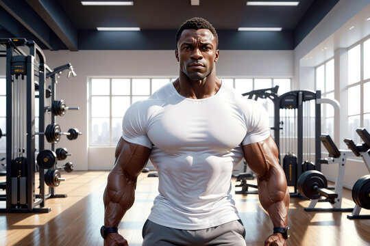 Handsome muscular bodybuilder black man in a t-shirt, great for health and wellness blogs, inspiring readers to pursue fitness and well-being.