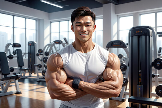 Muscular asian bodybuilder showcasing strength, ideal for promoting personal training services and fitness coaching