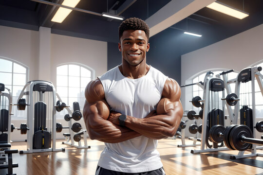 Smiling young black bodybuilder in a t-shirt, a striking image for promoting fitness training programs and emphasizing the importance of an active lifestyle.