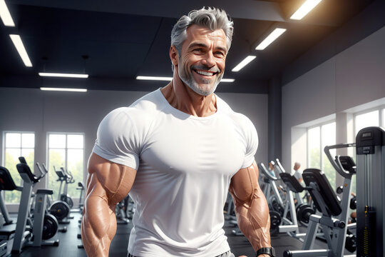 Illustration 3d Smiling muscular middle-aged man in a stylish t-shirt, perfect for promoting gym apparel brands and showcasing the ideal workout attire.
