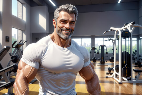 Middle-aged muscular bodybuilder in a t-shirt, a captivating image for health and fitness magazines, illustrating the commitment to a fit and active lifestyle.