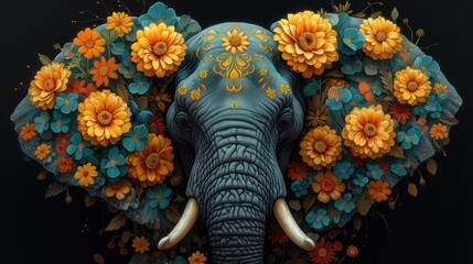 a painting of an elephant's head with flowers on it's trunk and tusks sticking out of it's trunk.