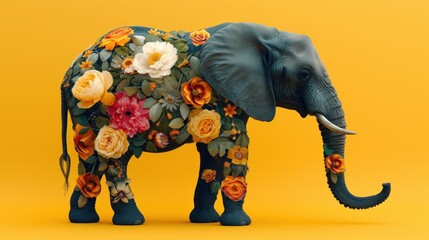 an elephant with flowers on it's body and tusks on it's back, standing in front of a yellow background.