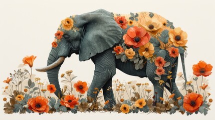 a painting of an elephant with orange flowers on it's trunk and tusks on it's back.