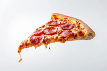 Delicious slice of pepperoni pizza flying on a white background Concept of fun and appetizing fast food - obrazy, fototapety, plakaty