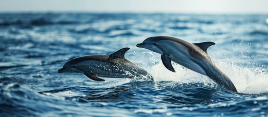 Two dolphins frolicking in the balmy sea.