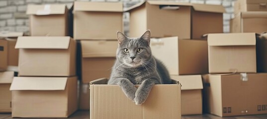 Donation concept  cat sitting in cardboard box among stack of boxes in new home, moving day