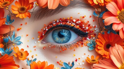 a close up of a person's eye surrounded by orange and blue flowers, with a blue iris in the center of the iris's eye.