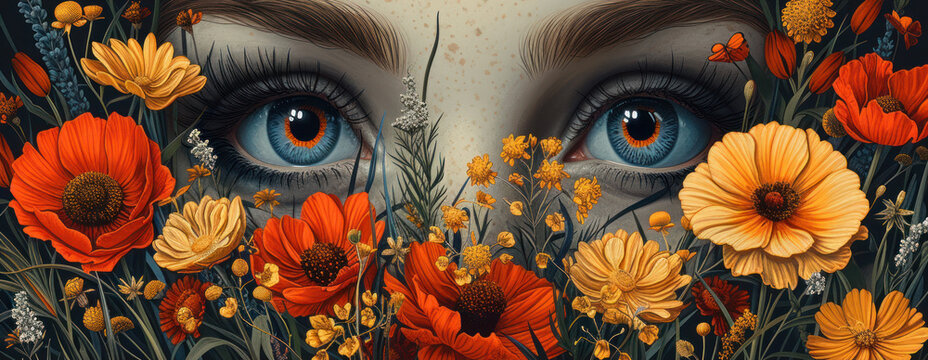 a painting of a woman's face with blue eyes surrounded by orange, yellow, and white wildflowers.