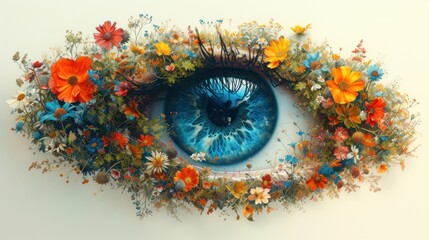 a close up of a blue eye surrounded by flowers and grass on a white background with a blue iris in the center of the eye.