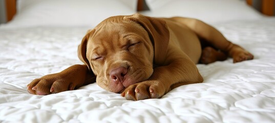Adorable dog sleeping happily on white bed with blanket, perfect for copy space and text placement
