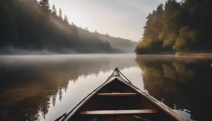 Gordijnen Bow of a canoe in the morning on a misty lake © Adi
