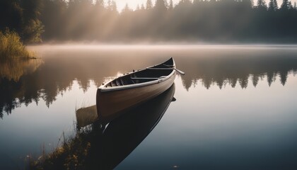 Bow of a canoe in the morning on a misty lake - obrazy, fototapety, plakaty