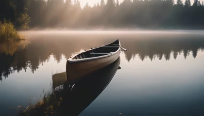 Zelfklevend Fotobehang Bow of a canoe in the morning on a misty lake © Adi