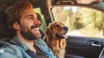  Handsome man with his dog in the car. Windows down, wind in our fur – living our best life.