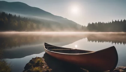 Zelfklevend Fotobehang Bow of a canoe in the morning on a misty lake © Adi