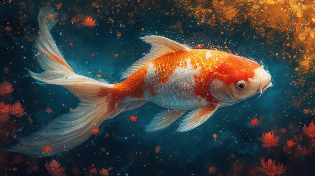 a painting of a goldfish swimming in a pond of water with red and yellow algae on the bottom of it.