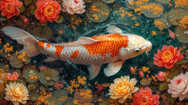 a painting of a koi fish in a pond of water surrounded by water lilies and orange and white flowers.