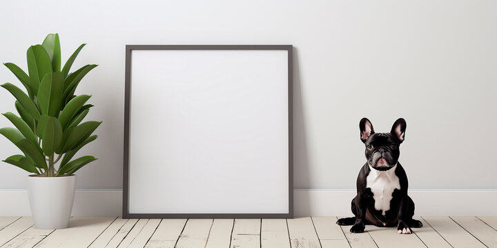 mockup, a picture in a frame stands on the floor, against the background of a white wall next to a cute French bulldog dog. minimalist interior