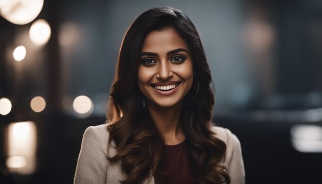 Candid portrait of a young woman smiling against a plain dark background. The young Indian lady