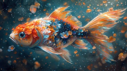 a painting of a goldfish with orange, blue, and yellow flowers on it's head and body.