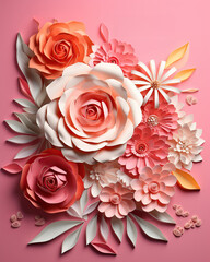Colorful paper cut flowers on blue background, banner design.