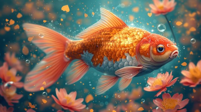 a painting of a goldfish in a pond of water with pink and yellow flowers on the bottom of it.